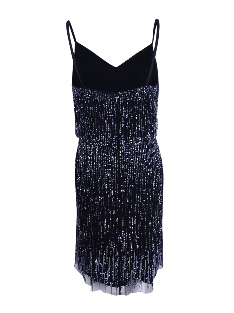 Adrianna Papell Womens 1445 Black Sequined Fringed Sleeveless Dress 10